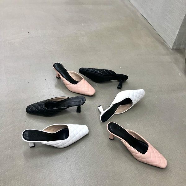 

solid gingham strange heel women mules vintage square toe outdoor slippers designer ladies slides flip flops, Black