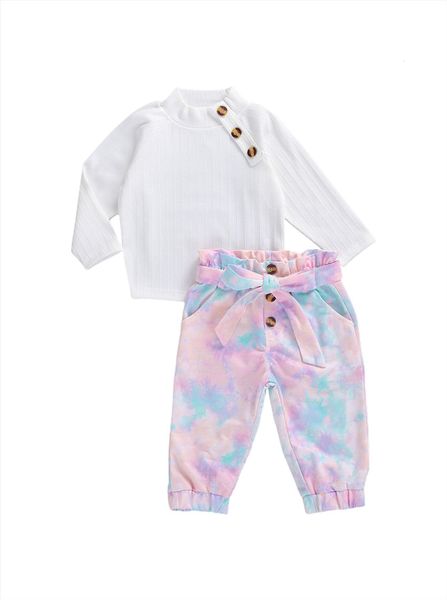 

toddler baby girl fall outfits, long sleeve solid color turtleneck sweater tie dye pants 2pcs clothes set, White
