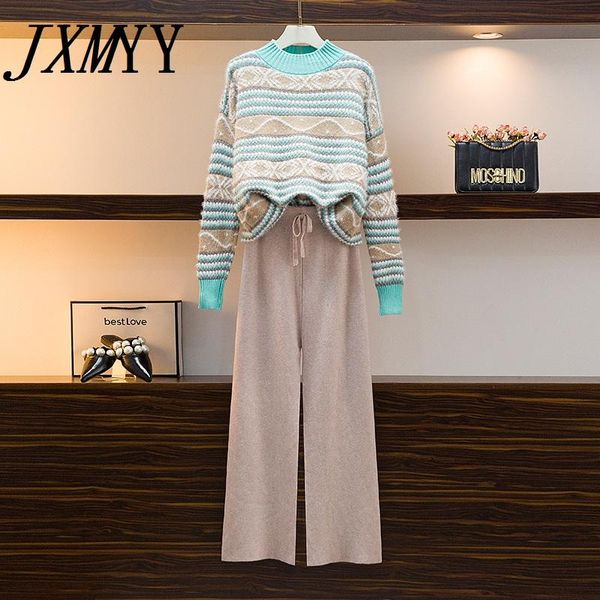 

women's two piece pants jxmyy autumn and winter clothes half-high collar loose long-sleeved fashion sweater wide-leg net red two-piece, White