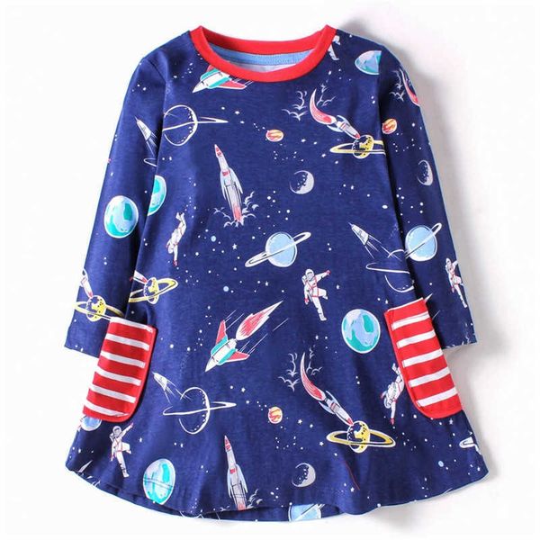 

jumping meters arrival spaces rockets print princess cotton costume baby girls dress for autumn spring kids clothes 210529, Red;yellow
