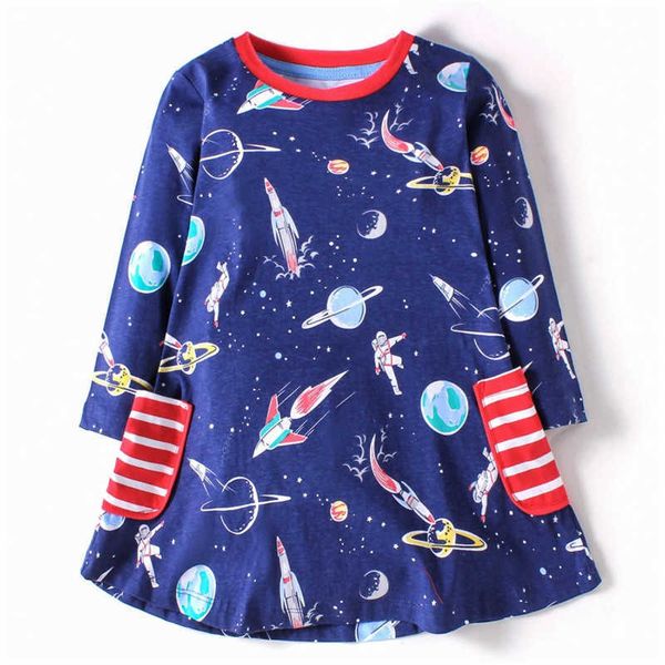 Metri di salto Arrivo Spazi Razzi Stampa Principessa Costume in cotone Neonate Abito per Autunno Primavera Abbigliamento per bambini 210529