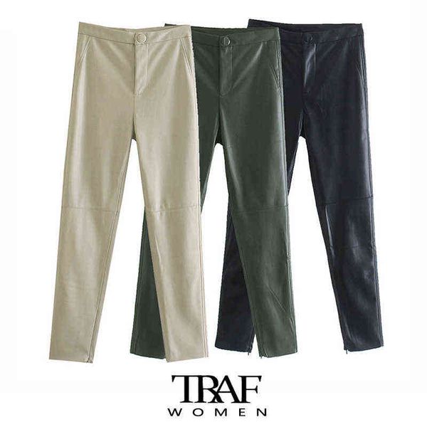 

traf za women fashion hem zips faux leather skinny pencil pants vintage high waist zipper fly female ankle trousers mujer 211124, Black;white