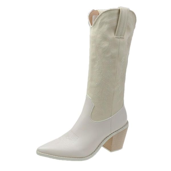 

boots geometric emborider western cowboy women wood heel patchwork denim winter shoes pointed toe high, Black