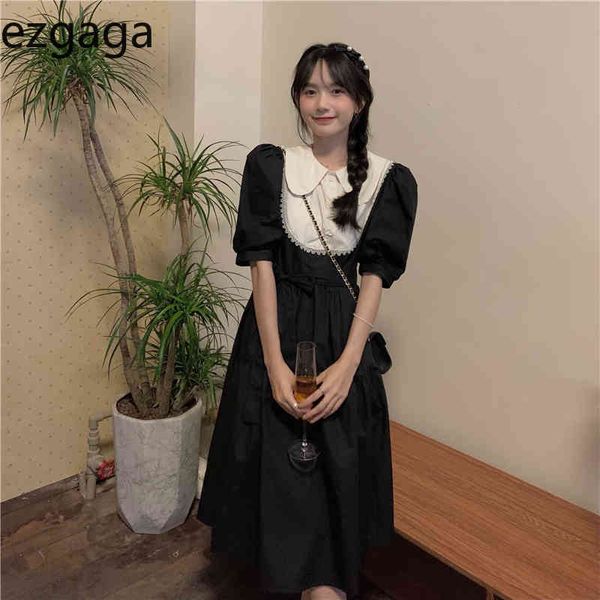 

ezgaga vintage summer new midi dress women short sleeve lace patchwork french style chic lapel high waist elegant dresses 210430, Black;gray