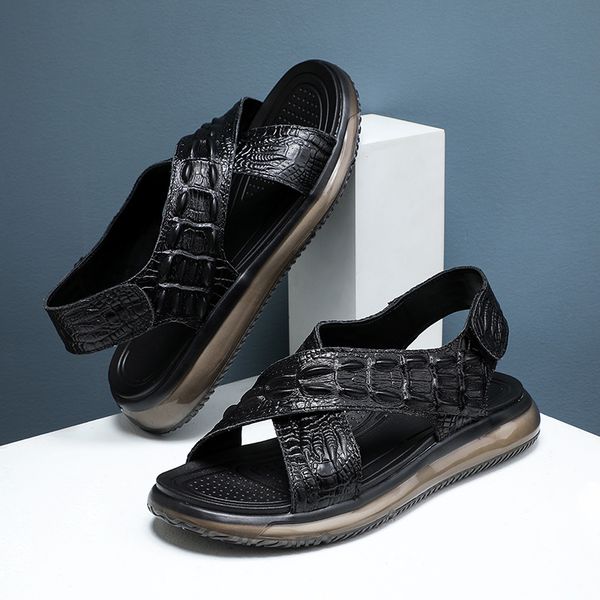 

sandals men 2021 summer leather men's casual shoes beach sandals, Black