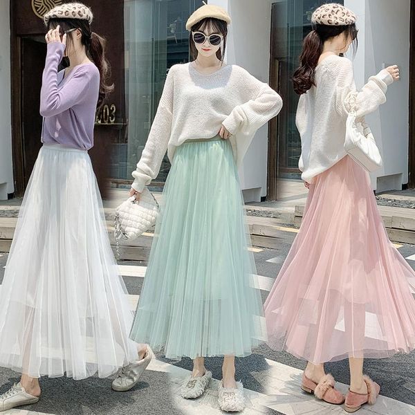 

tingyili women tulle maxi skirt spring summer high waist a-line long black white beige gray pink green mesh elegant skirts