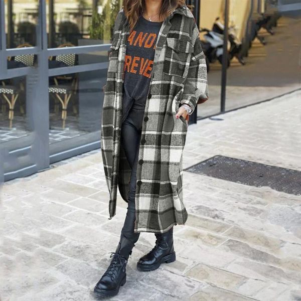 

women's wool & blends plaid print autumn women long sleeve overcoat winter warm loose woolen coat office lady fashion lapel outwear str, Black