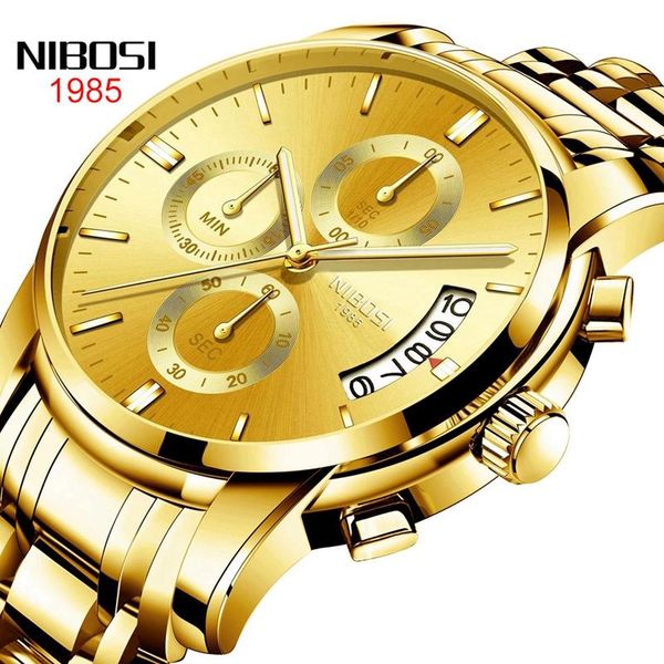

wristwatches watch men nibosi sport waterproof gold quartz watches mens chronograph date male clock relogio masculino, Slivery;brown