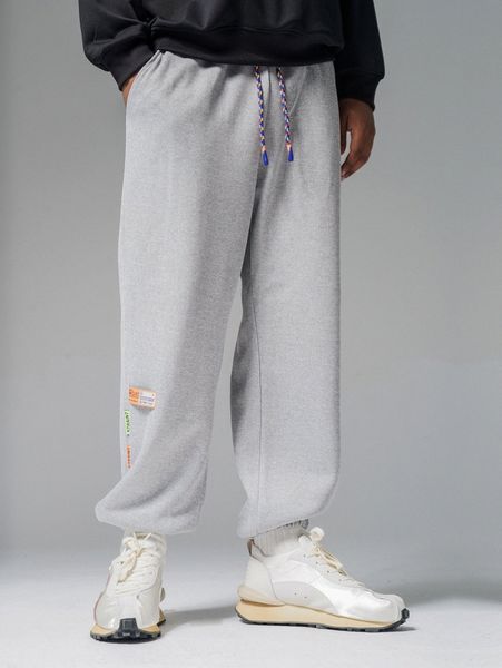 

men drawstring patched slant pocket sweatpants i52c#, Black