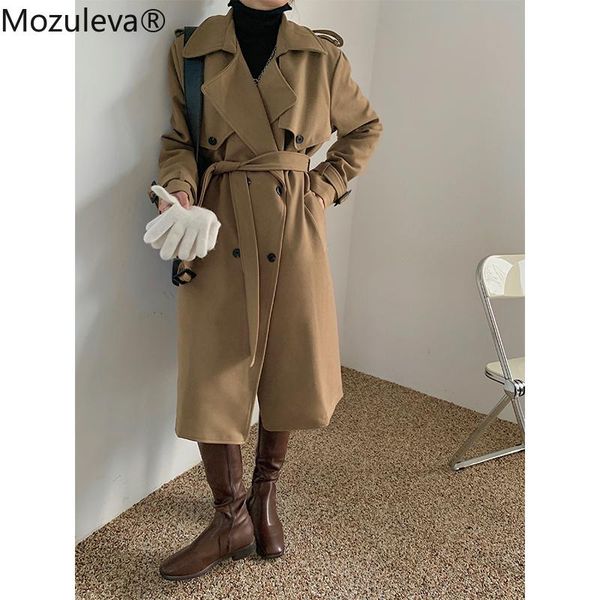 

mozuleva 2021 autumn winter full long women coats and jackets button pockets turn-down collar woman woolden coat women's wool & blends, Black
