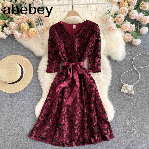 

women elegant lace dress korean design sleeve v neck dot es spring fashion casual a-line streetwear 210512, Black;gray