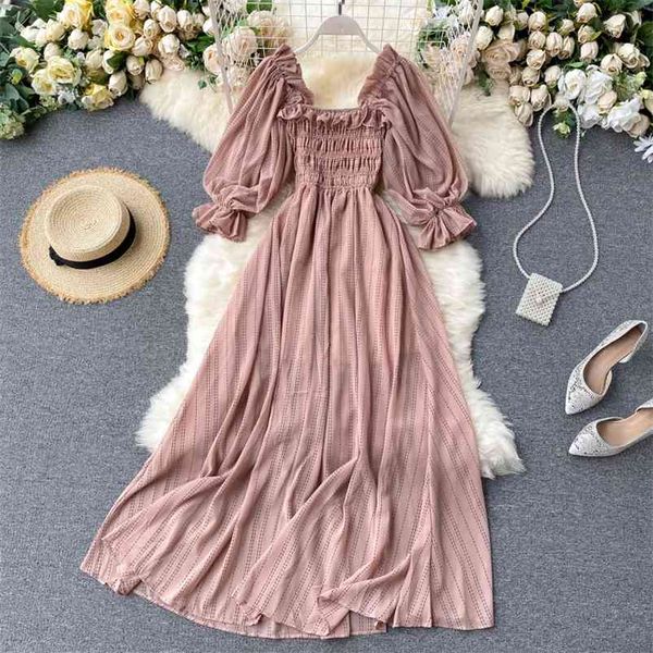 

summer women's dress square collar wooden ear bubble sleeve korean style waist slim chiffon female es gx087 210507, Black;gray