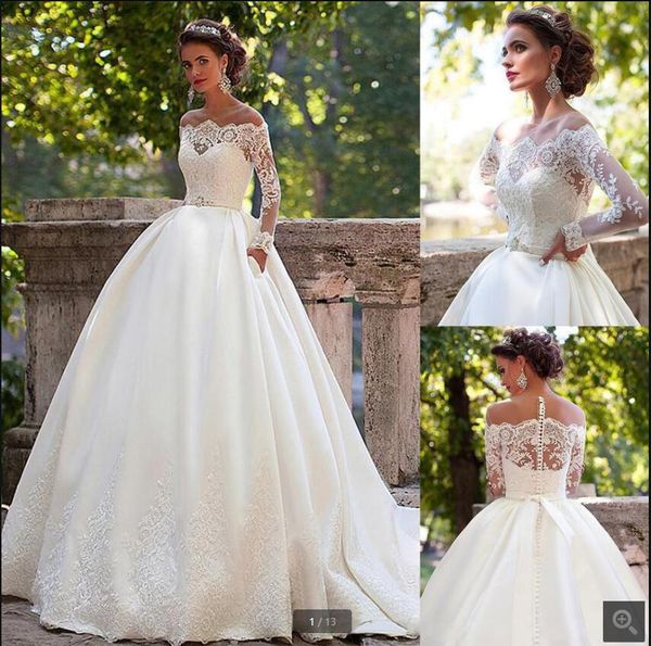 

2021 new arrival white satin ball gown wedding dress lace appliques off the shoulder long sleeve beaded bride dresses princess puffy back bu