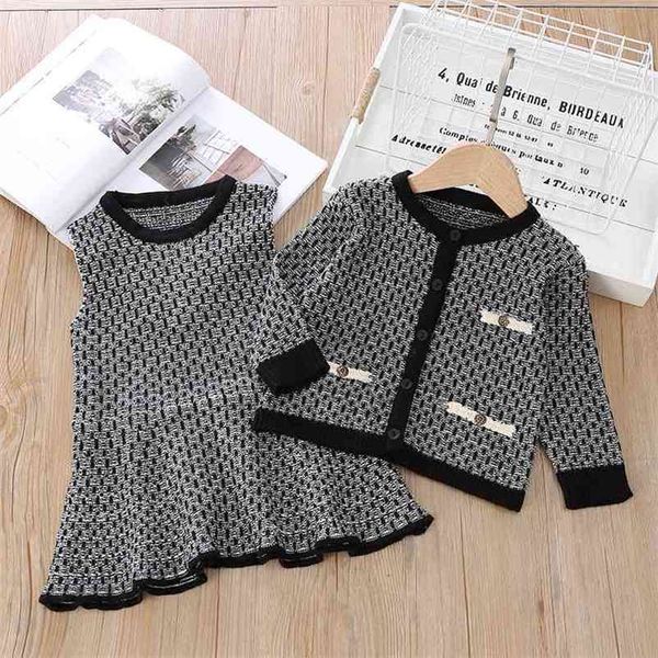 

gooporson fall kids clothes fashion korean knit sweater cardigan&vest dress toddler girls clothing set winter warm outfits 210715, White