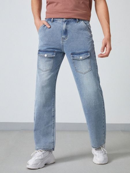 

men flap pocket straight leg jeans e6bn#, Blue