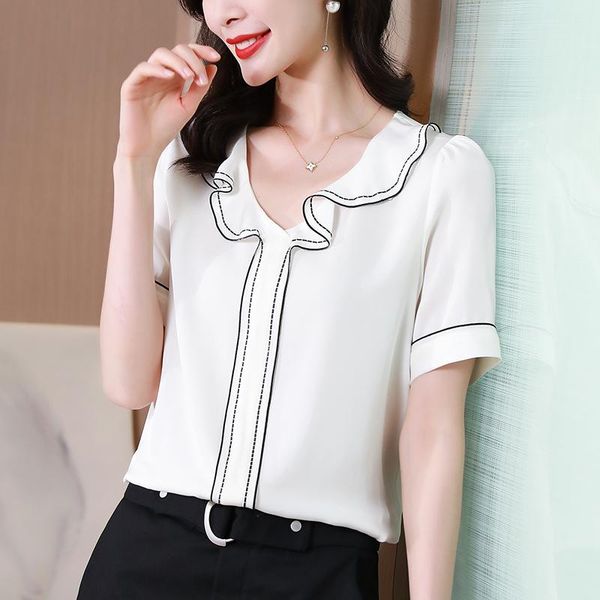 

women's blouses & shirts summer women black shirt elegant v-neck short sleeve patchwork loose office lady natural real silk blouse, White