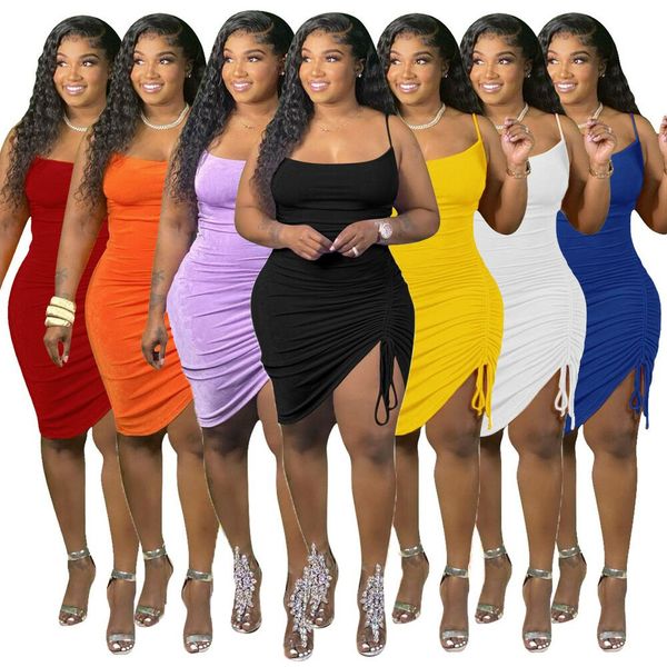 

fashion skirt mini dress round neck sleeveless solid color slim hip dress multicolor suspender single side gathering, Black