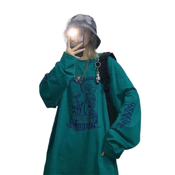 

women's hoodies & sweatshirts xingqing mushroom print hoodie women harajuku round neck long sleeve korean fashion oversized pullover st, Black