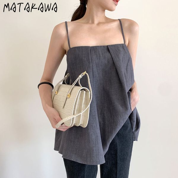 

matakawa spaghetti strap tank korean chic summer french loose pleated camis solid color camisole women 210513, White