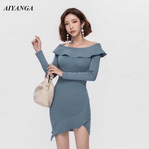 

casual dresses 2021 off shoulder knitted dress for women autumn female slash neck package hip short elasticity slim ladies, Black;gray