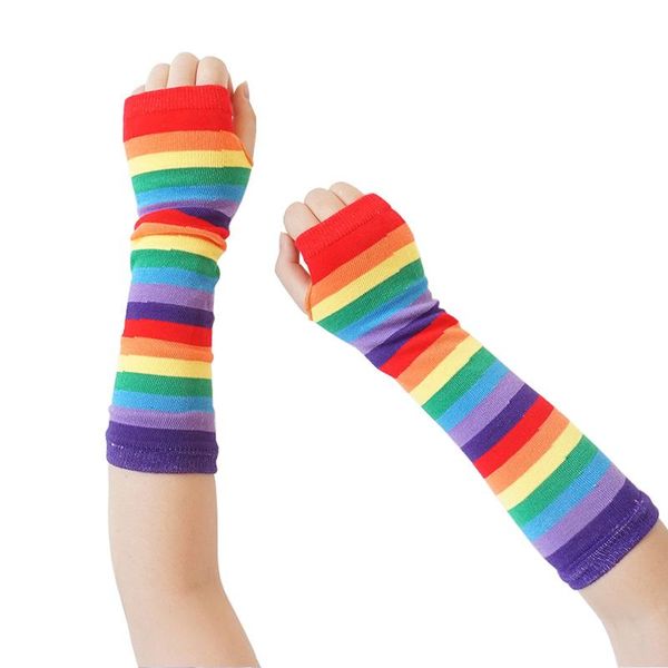 

five fingers gloves elbow rainbow fingerless warmer multicolor colored striped knitted sunscreen halloween costume mittens, Blue;gray