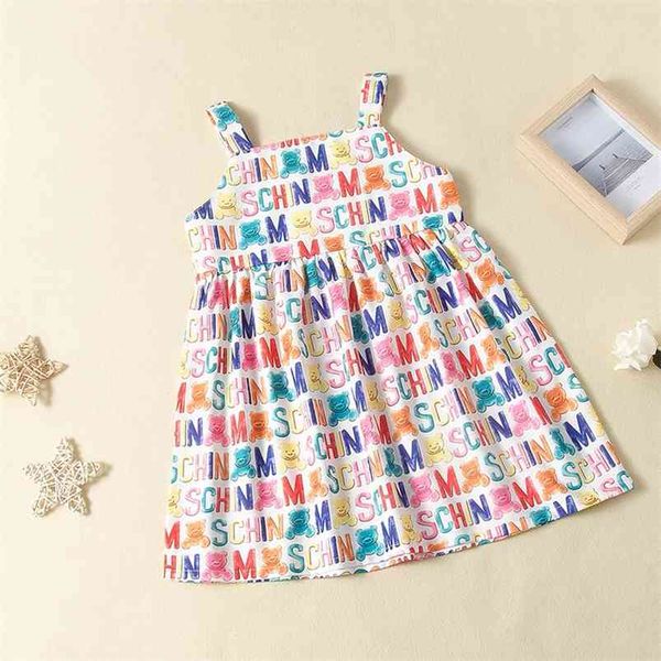 

summer girls dress cute strap print bear letter layered vestidos 2-9t 210629, Red;yellow
