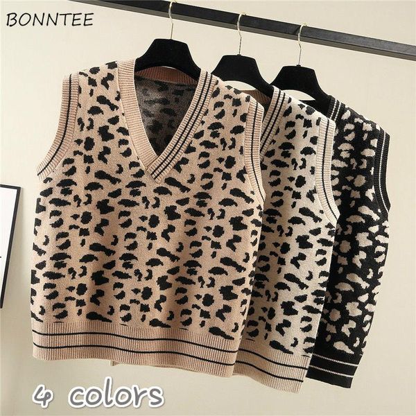 

women's vests sweater vest women sleeveless v-neck knitting college thickening all-match leopard 4 colors autumn ulzzang outerwear, Black;white