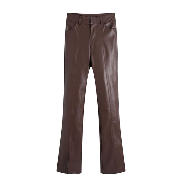 

women's pants & capris women 2022 fashion faux leather with slit straight-leg vintage high waist zipper female trousers streetwear, Black;white
