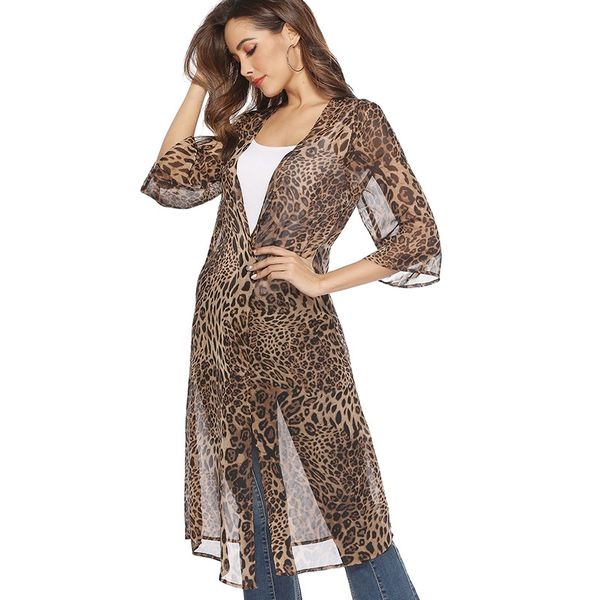 

long kimonos mujer verano women summer loose leopard printed blouse casual beach cover up shirt plus size blusas 210603, White