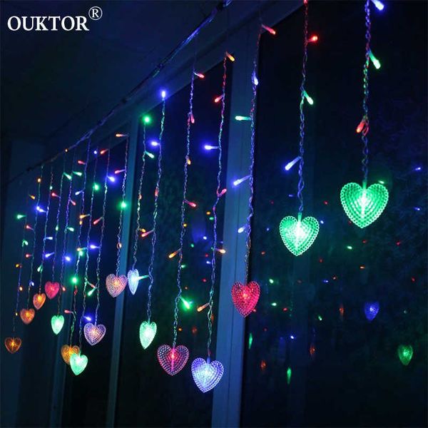 Luci per tende a forma di cuore a LED di Natale Ghiacciolo Fata Ghirlanda Luci a corda per la casa Festa in giardino Decorazione natalizia Romantica Y0720