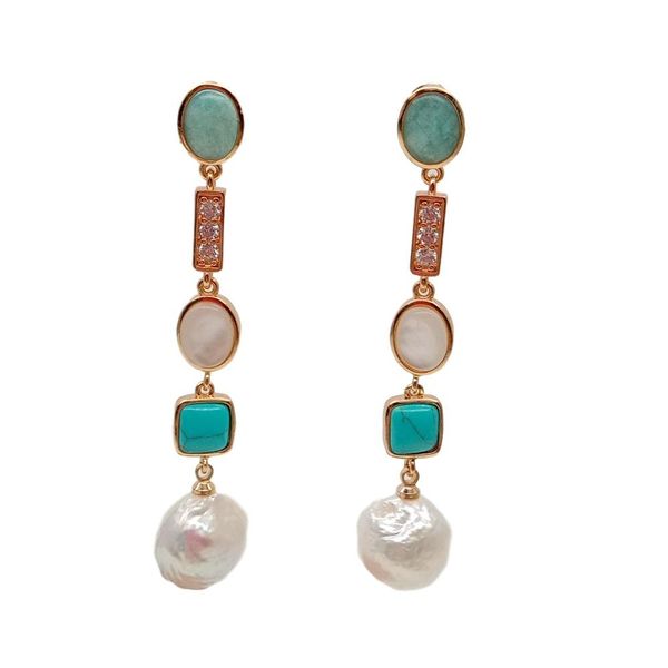 

yygem 2.3'' geometric gold filled amazonite white keshi pearl shell blue turquoise crystal pave dangle earrings cute for women, Golden;silver