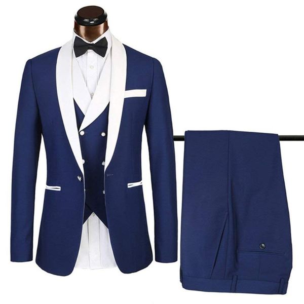 

men's suits & blazers man blue formal wedding business one button 3 pieces blazer jacket vest trousers set 2021, White;black