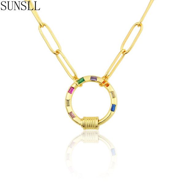 

design simple jewelry gold copper multi-color cubic zirconia circle pendant necklace for women winter sweater gifts necklaces, Silver