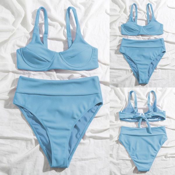 

women's swimwear women solid color two-piece set backless high waist bikini swimsuit push-up ladies lace up beachwear, White;black