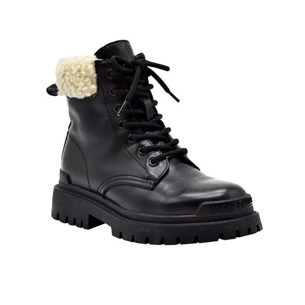 

boots winter warm women shoes thick sole lace up short ankle for fashion genuine leather motorcycle 2021, Black