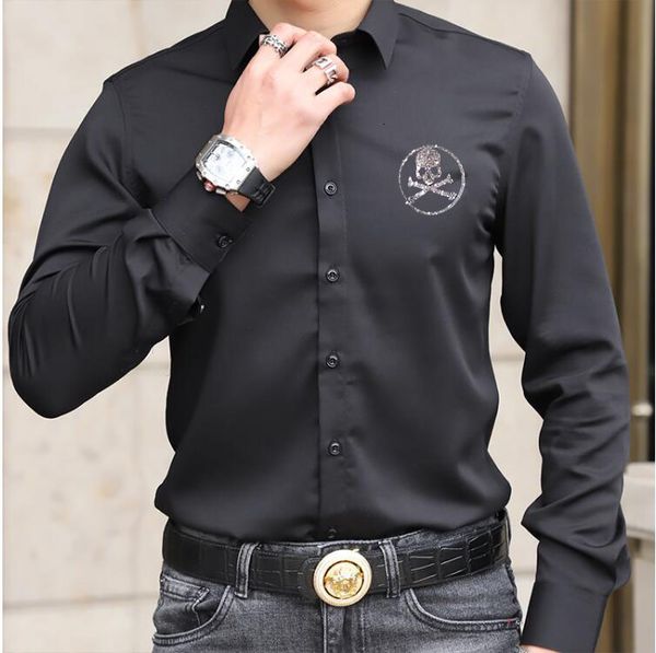 

men's casual shirts strass men's shirt marks 2021 s long casual sleeve thin black suit men clothes, White;black