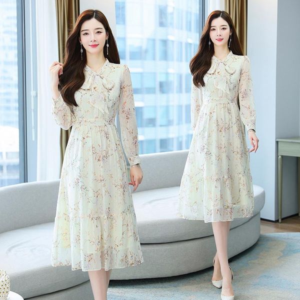 

casual dresses women long dress autumn 2021 office lady full sleeve floral print chiffon o-neck high waist thin belt zipper, Black;gray