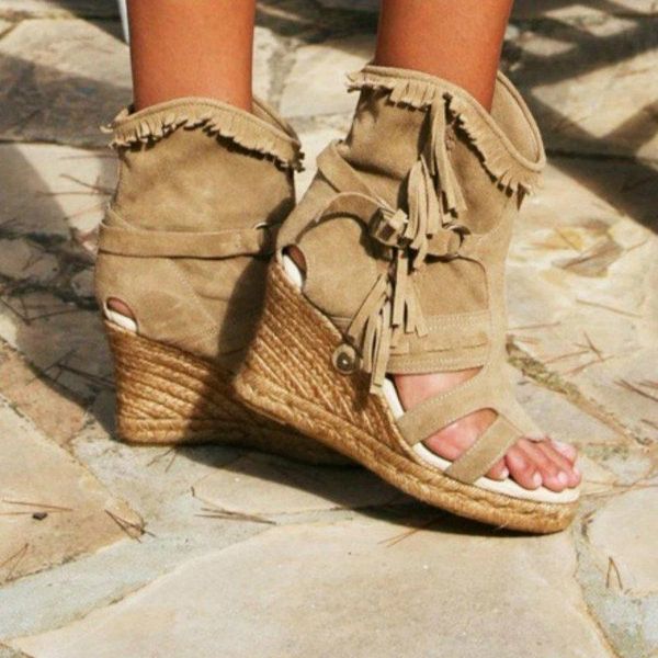 

sandals bohemia women ankle boots shoes vintage suede leather high heels booties woman cut out sandal plus size, Black
