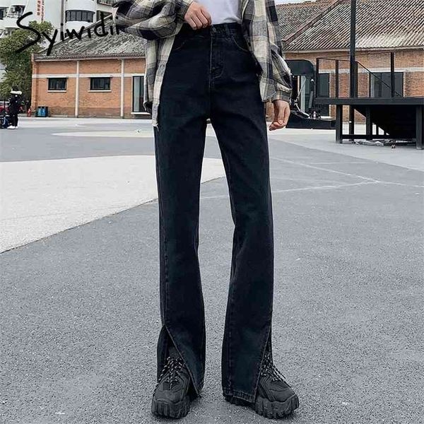 

syiwidii women jeans black flare pants front side slit leg fall high waisted bell bottom full length denim clothes 210915, Blue