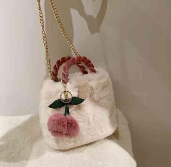 

cherry bag plush bag 2021 winter new one shoulder bucket fashion versatile diagonal second hair