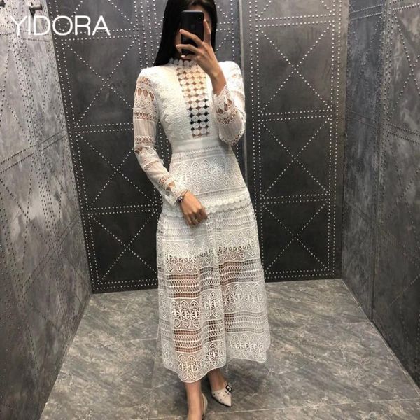 

casual dresses high-end women white lace embroidery hollow out patchwork midi dress - 2021 ladies stylish embroideried, Black;gray