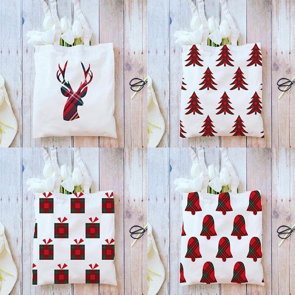 

christmas canvas shoulder tote bag for women handbags red tartan deer bell tree shopping ladies gift shopper storage bags