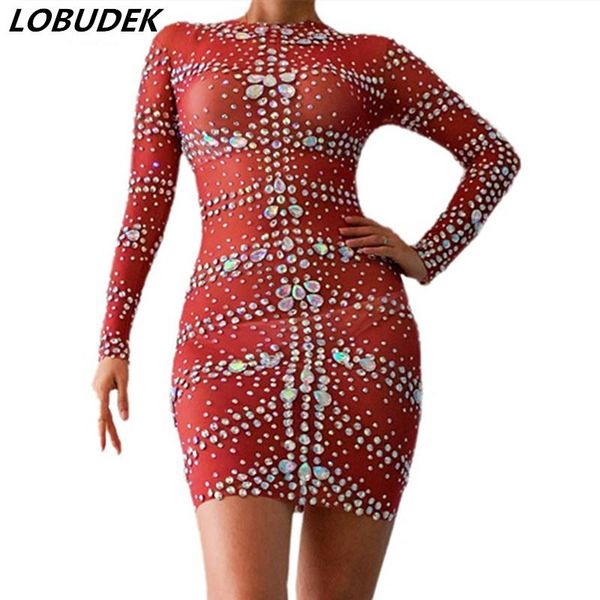 

casual dresses evening wedding party see-through wrapped hip dress shiny big rhinestones red mesh stretch short nightclub singer costume, Black;gray