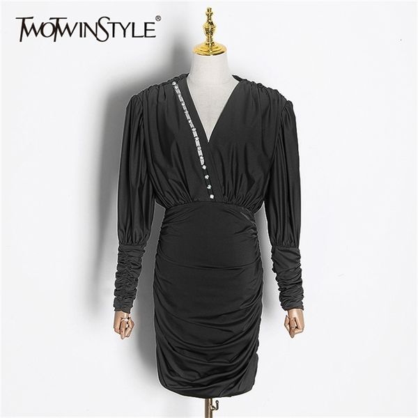 

splicing diamond ruched dress for women v neck long sleeve high waist slim mini dresses female fashion fall clothes 210520, Black;gray
