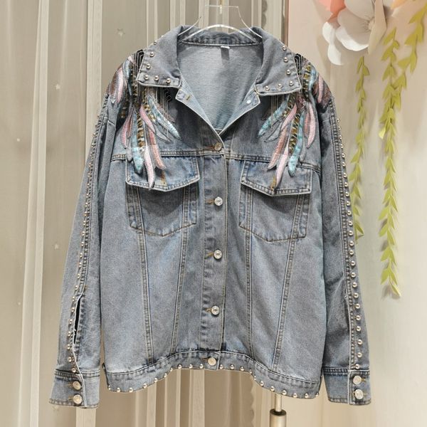 Rivet Wings Mäntel bestickte Denim Jacke Frauen Casual Sprint Kurze Denim Manteljacken für Frauen Langarm Chaqueta Mujer 210422