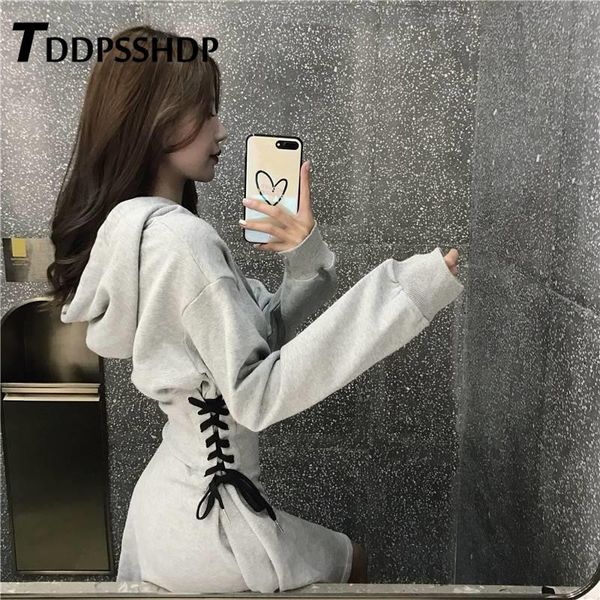 

casual dresses 2021 spring korean bandage slim women dress long sleeve black grey color female, Black;gray