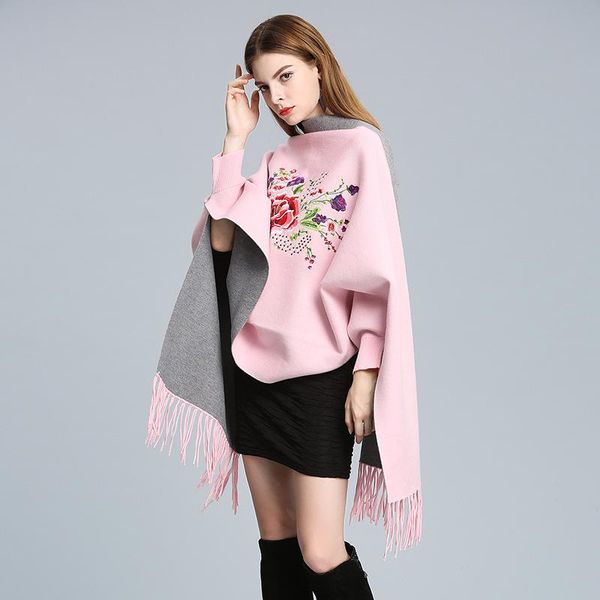 

scarves winter women scarf oversize long wrap shawl thick warm tassels embroider flower poncho print women's cape, Blue;gray