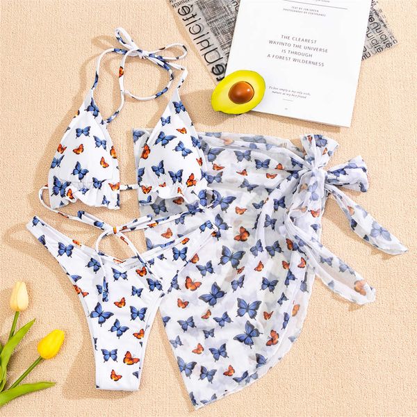 

new halter butterfly printed bikini female swimsuit women swimwear three-pieces bikini set with sarong bather bathing suit k2916