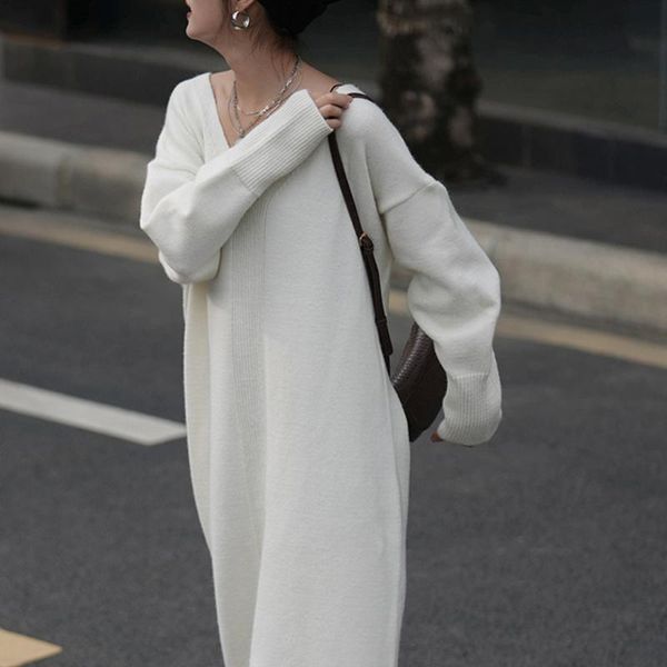 

casual dresses [ewq] dress women's knitted loose fit long length office lady full sleeve v-neck solid 2021 spring autumn fashion tide t, Black;gray