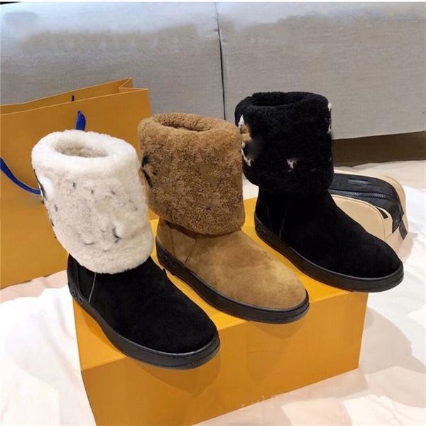 

luxury designer women snow boots winter new arrival warm fur contton shoes low heeled round toe brand lamb wool furry boot slip-on quality, Black